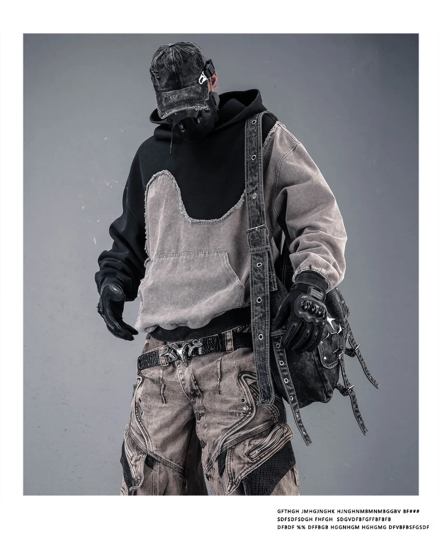 Contrast Color Patchwork Techwear Style Casual Hoodies Man Autumn Tactical Function Washed Distressed Design Long Sleeve Tops
