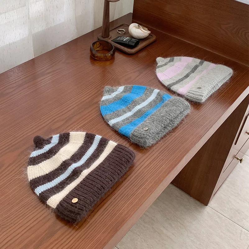 Cute Striped Cuffed Pointed Top Beanie Wool Blend Knit Hat Hand Sewn Label Windproof Pullover Winter Head Wrap Beanie Cap