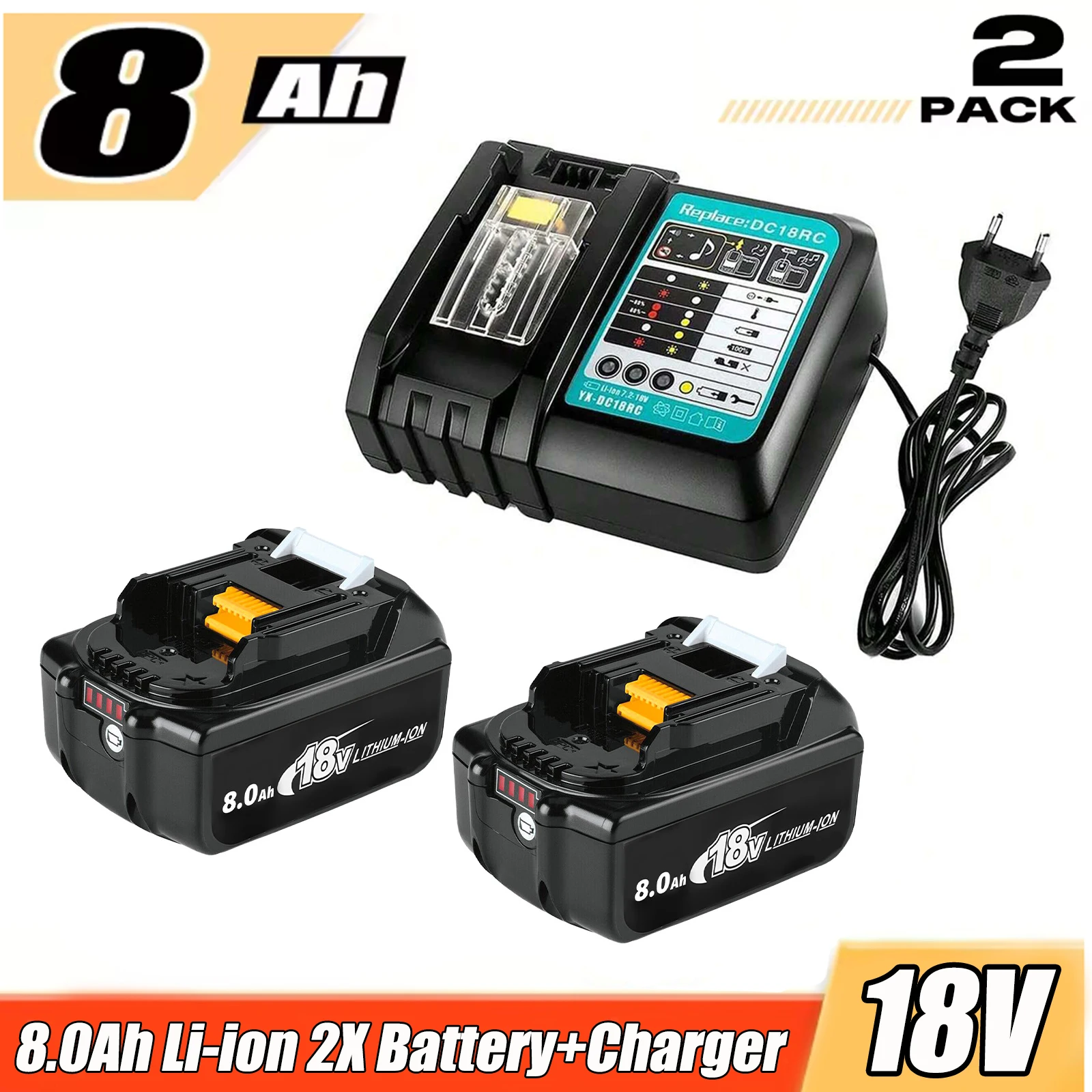 2 confezioni di batterie di ricambio 8,0 Ah 18 V BL1860B per batterie Makita 18 V + caricabatterie DC18RC 14,4 V-18 V 3,0 Ah BL1860B BL1850 BL1860