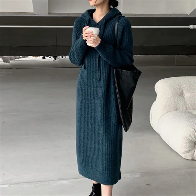 

2023 New Fashion Kint Hooded Sweater Dress Women Winter Casual Long Sleeve Maxi Sweatshirts Dresses Kintting Vestidos Warm Robe