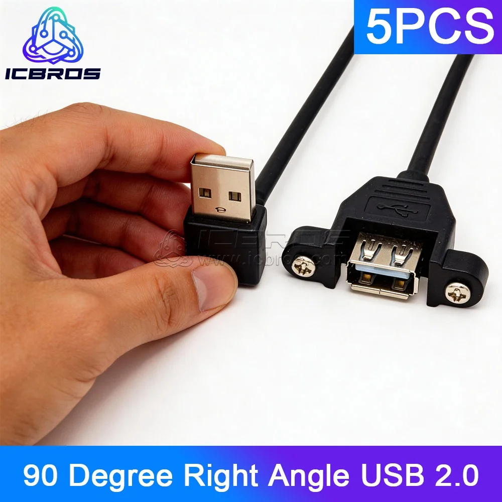 5pcs 90 Degree Right Angle USB 2.0 Extension Cable Male to Female with Mounting Ears Screw Holes