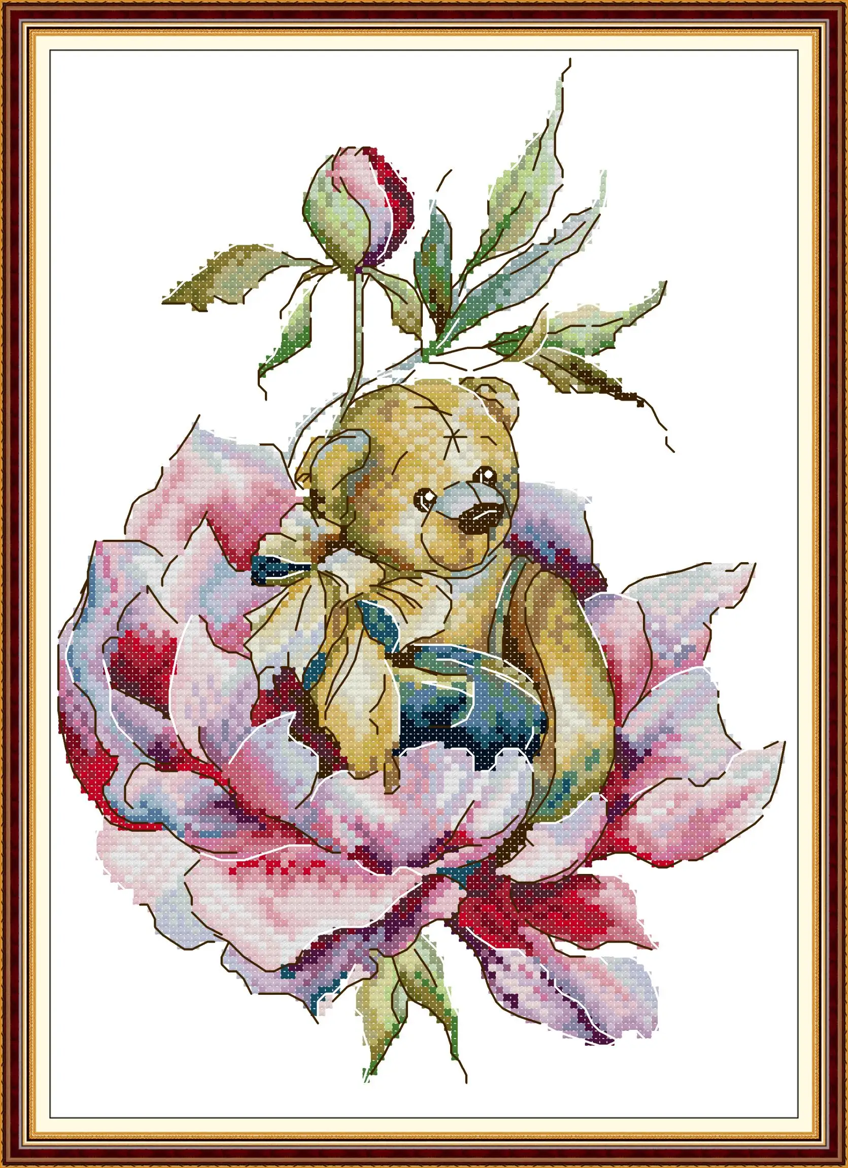 

Maydear Cross Stitch Kit,11CT/14CT/16CT/9CT Aida Fabric,DMC Threads Sewing Pattern Embroidery Set-Flower Bear