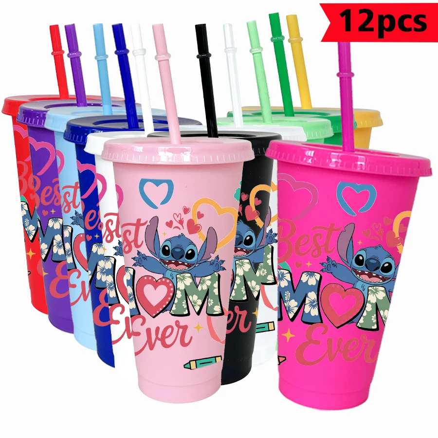 

12Pcs/pack Disney Stitch Love 26oz Color Plastic Tumbler Birthday Party Drinking Utensils Juice Coffee Mug