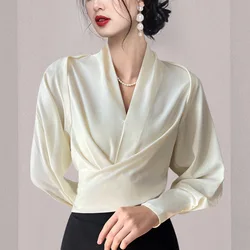 Autumn New Women's Long sleeved V-neck Shirt Top Short French Elegant Temperament Satin Effect Slimming Shirt Blouse