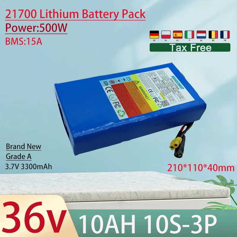 

36V 10Ah 18650 10S3P Lithium Ion Battery Pack 500W Power Tool Batteries Outdoor Backup Batteries With 15A BMS+42V 2A charger