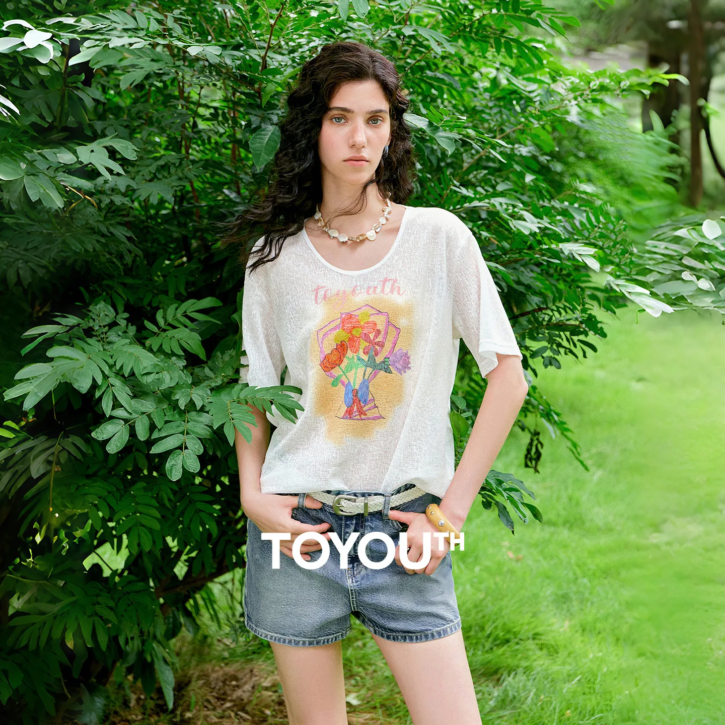 TOYOUTH Women T-shirt 2026 Summer New Qingcongquan Collaboration Snowflake Hand Drawn Bouquet Crew Neck Loose Casual Tops