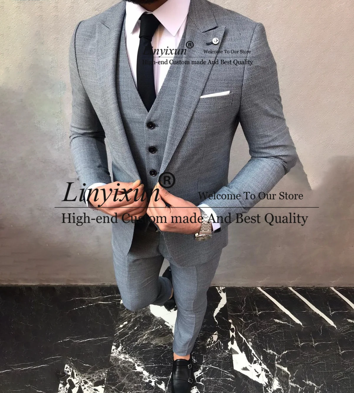 

Grey Business Suits For Men Peak Lapel Groom Tuxedos 3 Pieces Sets Male Prom Blazers Slim Fit Daily Terno Masculinos Completo