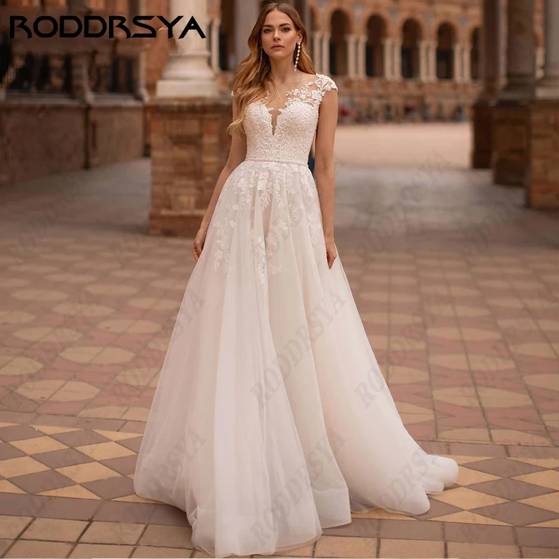 RODDRSYA-vestido De novia elegante con apliques De encaje para mujer, tul, Mangas De casquillo, línea A, ilusión, botón trasero, Vestidos De novia, Novvestido De novia elegante con apliques De encaje para mujer, tul, M