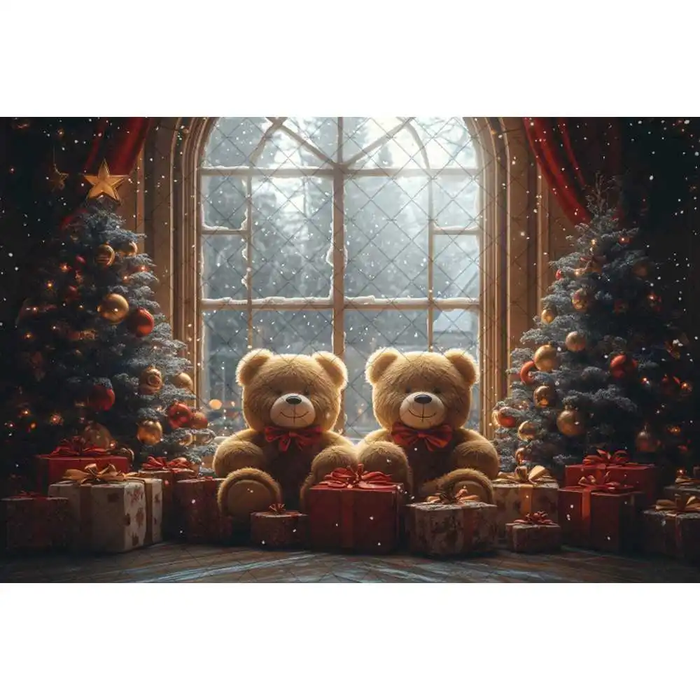 Teddy Bear Christmas Background Giant Christmas Tree Toy Bear for Window 2024 Christmas Outdoor Decoration Photography Backdrop