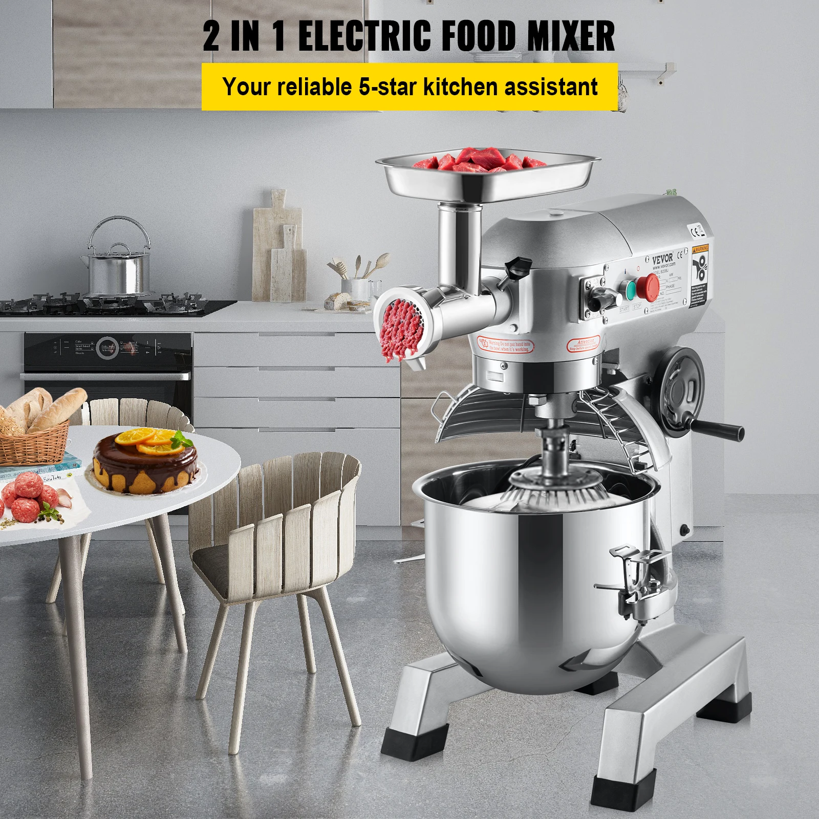 VEVOR Commercial Stand Mixer,20Qt Stainless Steel Bowl,1100W 2 in 1 Multifunctional Electric Food Mixer w/Meat Grinder & 3 Speed