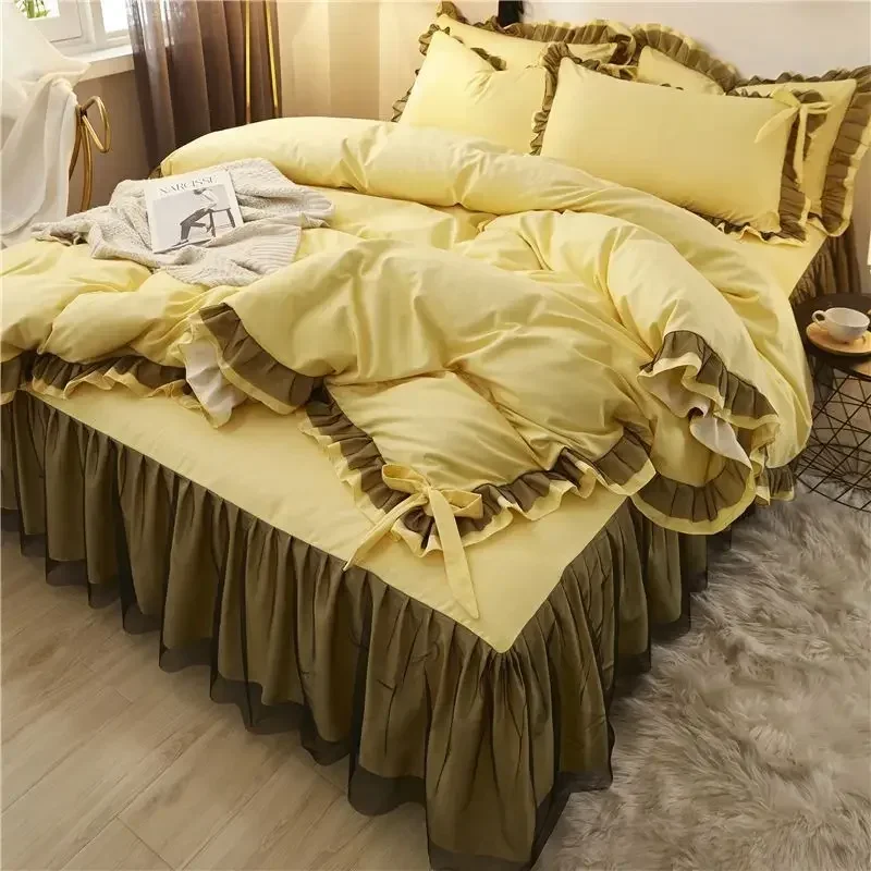 

High-end Light Luxury Solid Color Pillowcase and Quilt Cover 200*230cm Bed Sheet Set Lace Bed Skirt Four-piece Set