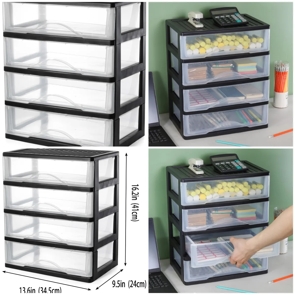 

Medium 4-Drawer Clear Stacking Desktop Organizer, Black Plastic Storage Bins for Office, Kitchen, Pantry