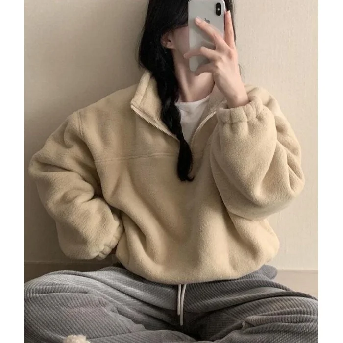 เสื้อฮู้ดดี้โอเวอร์ไซส์สุดชิคสำหรับผู้หญิง สไตล์ลำลอง ใส่ได้ทั้งฤดูใบไม้ร่วงและฤดูหนาว สีพื้นเรียบๆ ซิปหน้า คอเล็ก ทรงสวมใส่สบาย