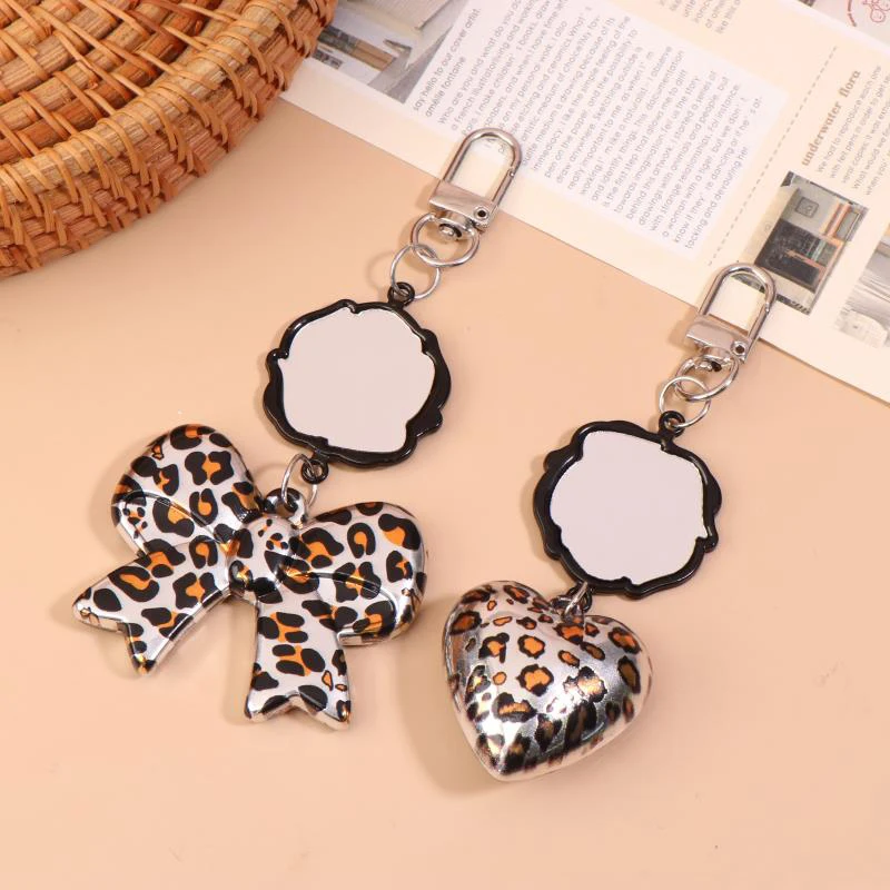 Trendy Leopard Print Bow Heart Mirror Keychain Pendant Bag Hanging Ornament Car Keyring Woman Girly Y2K Fashion Accessories Gift