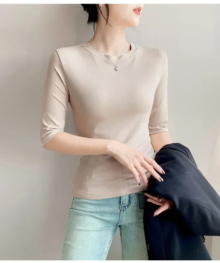 2026 Basic Einfarbiges Kurzarm-T-Shirt mit Rundhalsausschnitt, Eng Anliegend, Sommerliches Casual-Oberteil für Damen, Y2K Vintage Top, Harajuku Streetwear – Detail 25