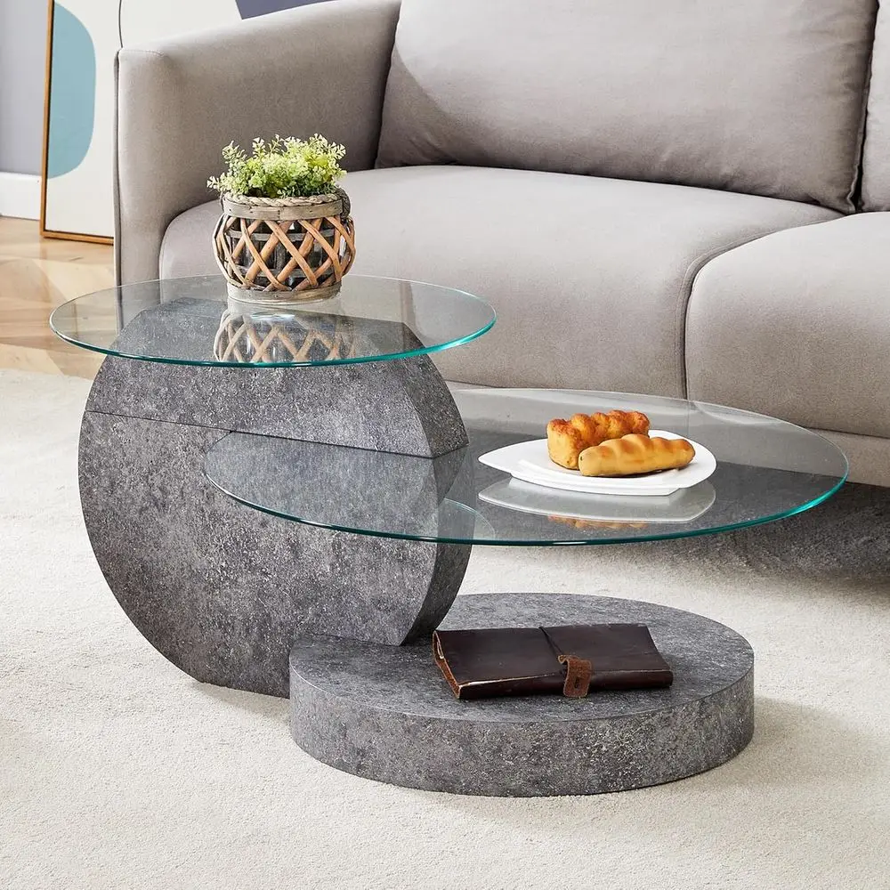

Oval Tempered Glass Coffee Table with 3-Tier Design, Grey Wooden Base, Large Storage, Ideal for Living Room, Easy Assembly