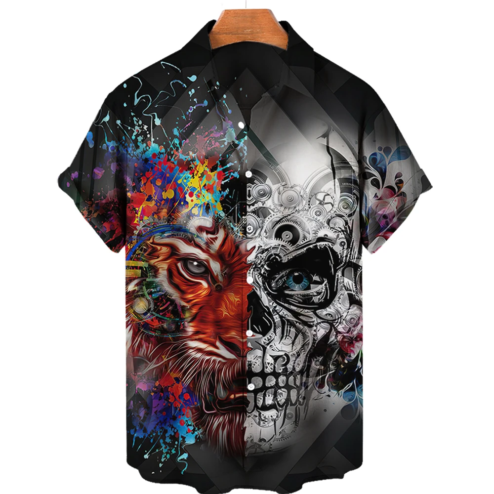 Camisas con estampado de calavera 3d para hombre, camisa hawaiana de una sola fila con cuello cubano, Tops de verano, 5xl, 2022