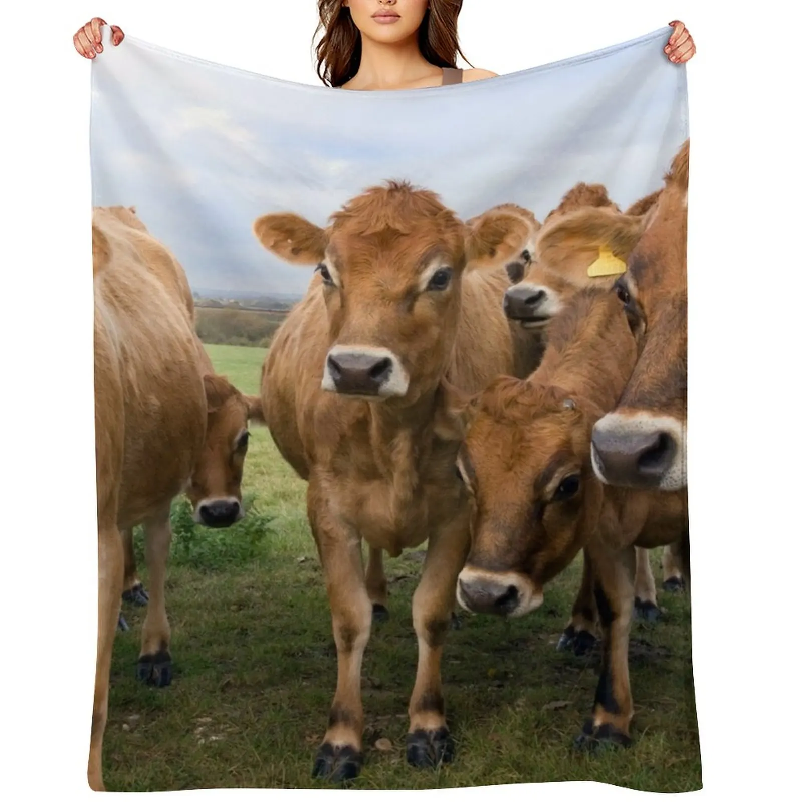 Curious Jersey Cows Throw Blanket funny gift Multi-Purpose Sofa Quilt Soft Plush Flannel Fabric Blankets