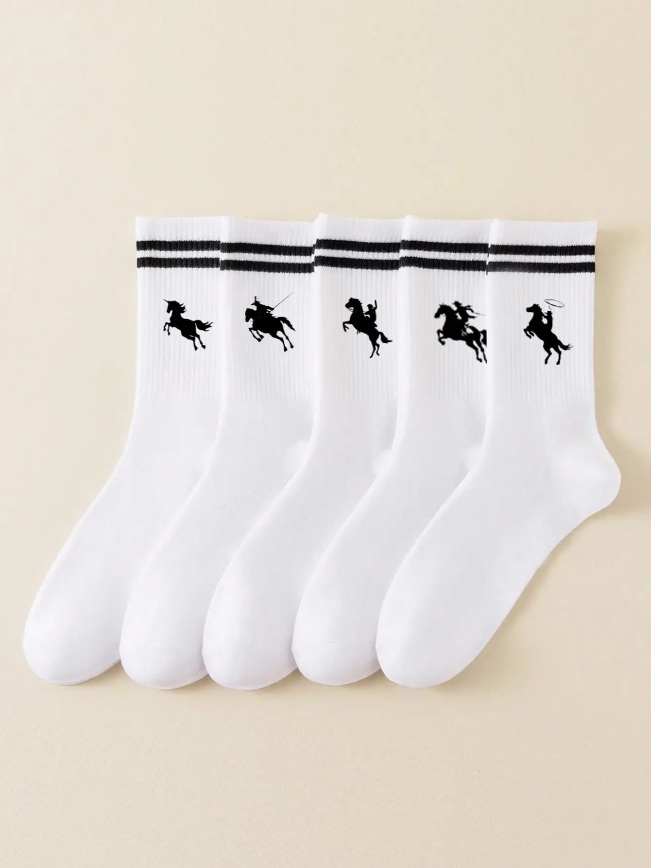 

5 Pairs Unisex Socks Polo Stroll Print Mid-Calf Soft Comfortable Breathable Non-Slip White Double Stripes Socks