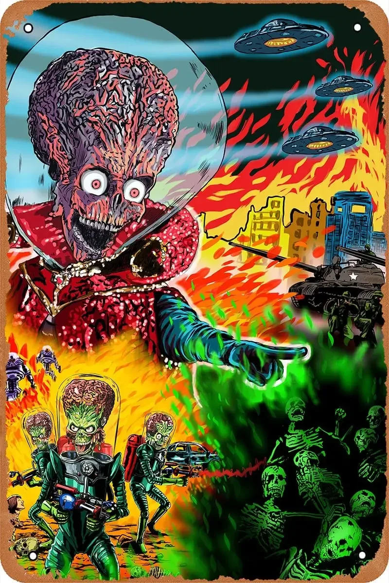 Vintage Blechschild Retro Metallschild Grüner Alien-Angriff Filmposter für Café Bar Männerhöhle Garage Heim Wandkunst Deko Geschenk