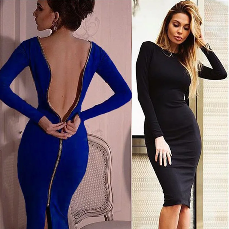 Primavera Autunno Abiti longuette sottili sexy Donna Tinta unita Backless Zipper Pacchetto Abito con spacco sull'anca Trend Hot Girl Party Prom Vestidos