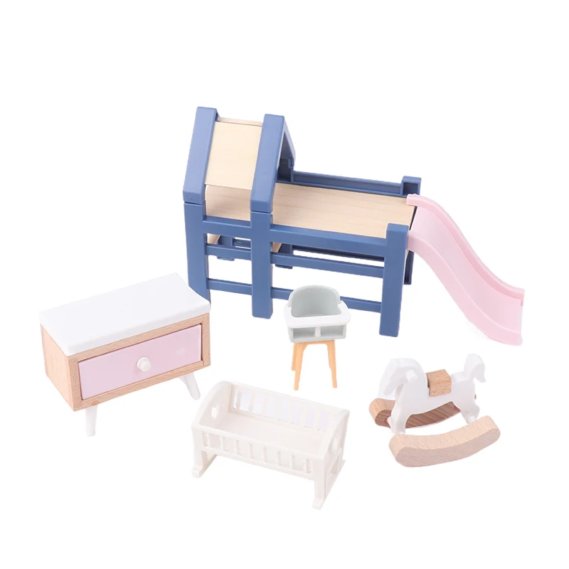 1Pcs 1:12 Dollhouse Baby Bedroom Furniture Accessories Slide/Trojan Horse/Table/ Dining Chair/Bed For Kids Pretend Play Toy