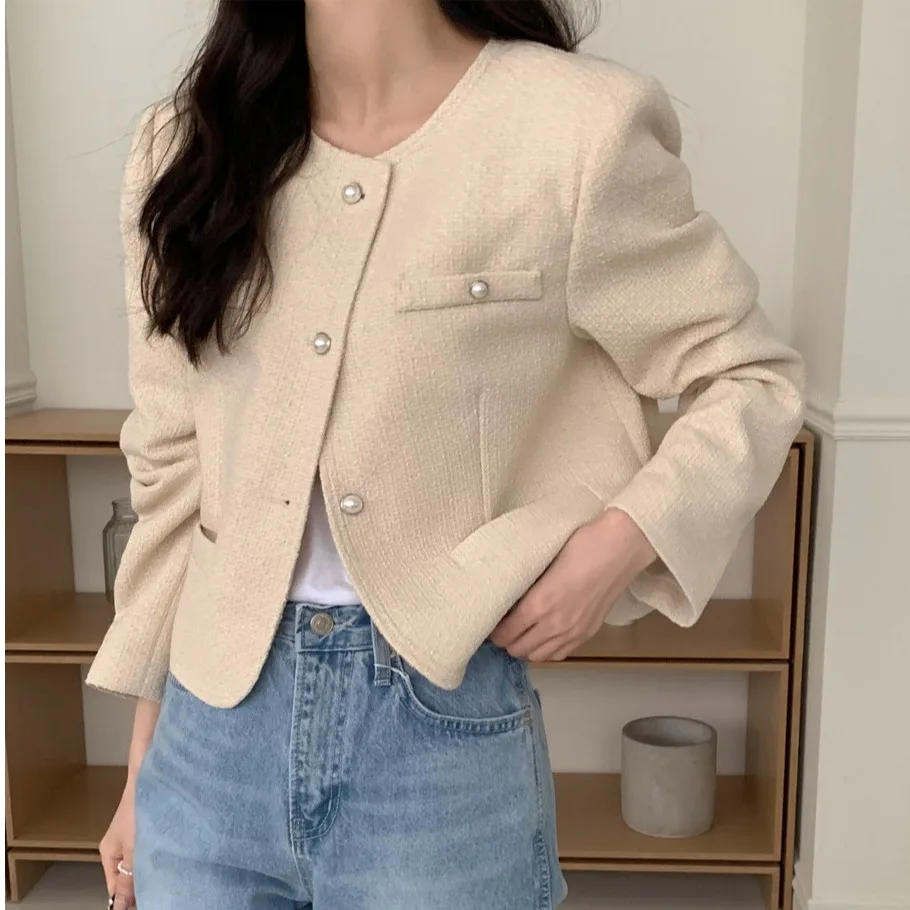 Korean Style Two-Tone Versatile Luxury Coarse Tweed Jacket Elegant Lady's Short Outerwear for Autumn Season