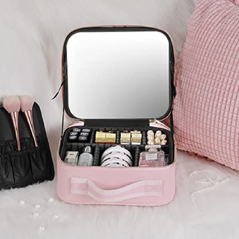 

Travel Makeup Bag with Lighted Mirror, 3 LED Light Adjustable Dividers Portable Waterproof Makeup Bag with Light up Mirror Women