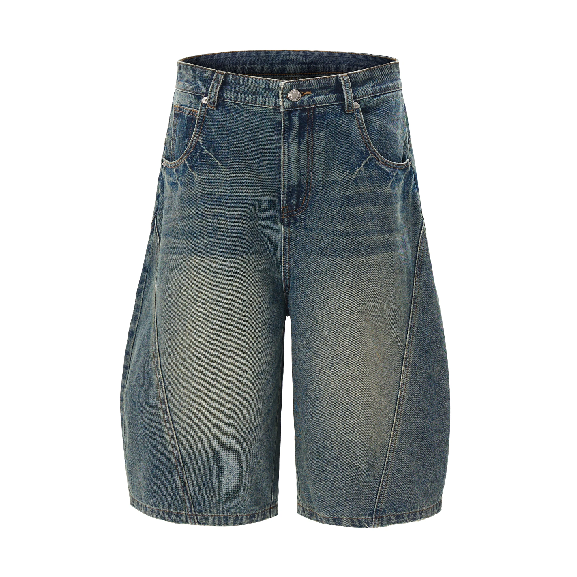 Celana Pendek Denim Tertekan Ukuran Besar Pisau Melengkung Celana Pendek Jeans Dicuci Antik Ringan Warna Solid Celana Pendek Kaki Lebar Longgar Hip Hop