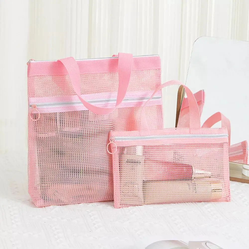 

Mesh Makeup Bag Durable Zipper Pouches Large Capacity Cosmetic Pouch Solid Color Portable Beach Bag Travel Organizer Case