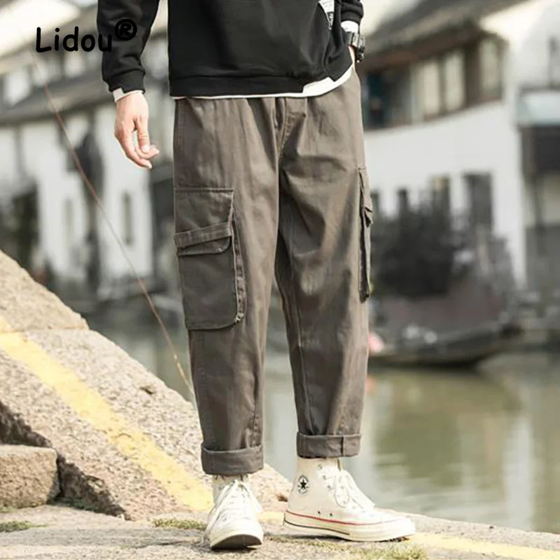 Brief Solid Color Personality Men's Cargo Pants Straight Cylinder Loose Street Casual Pure Cotton Street Casual Trousers 2023