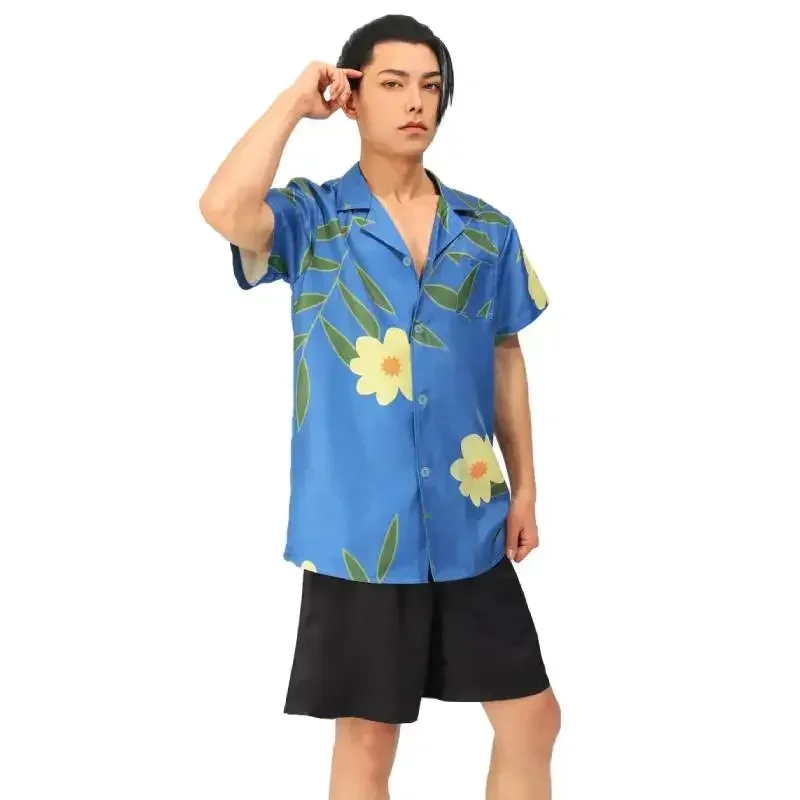 WSIX men's fashion summer T-shirts Hawaiian print casual shirts short sleeve beach oversized shirts Geto Suguru cosplay shirt