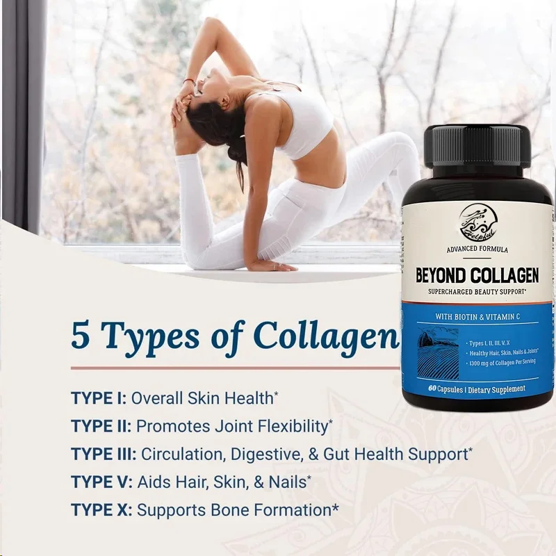 Collagen - Type I, II, III, V, and X hydrolyzed mixed biotin and vitamin C suitable for hair, skin, and nails, 60 capsules