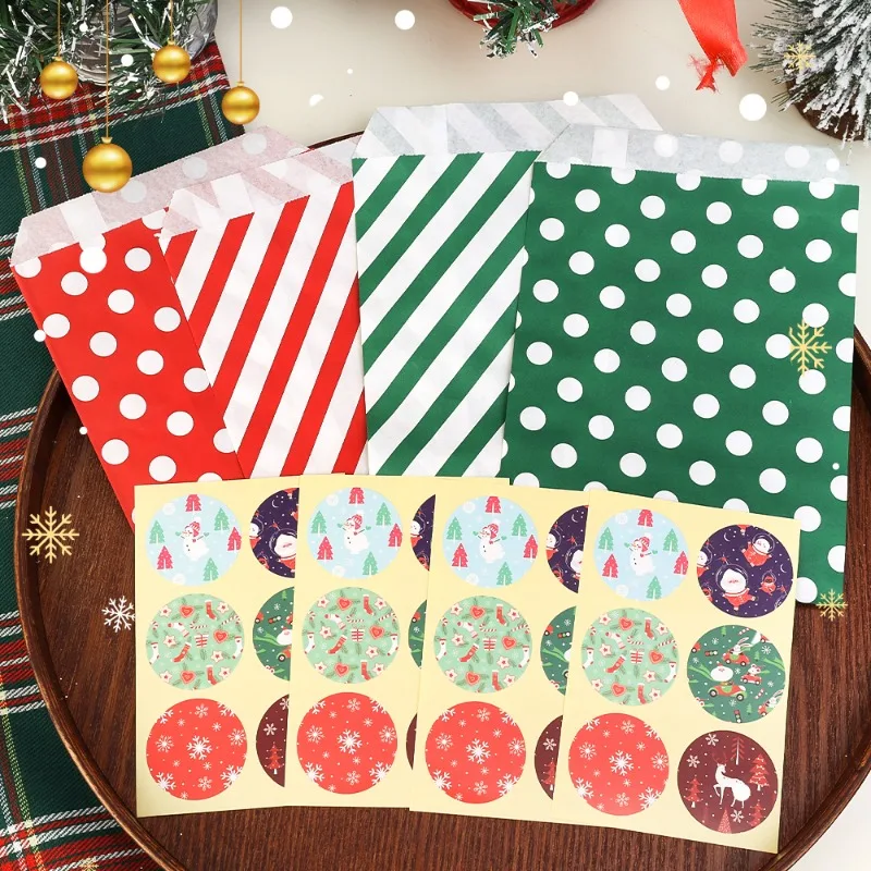 24pcs Paper Bags with Stickers Christmas Treat Bags Holiday Gift Candy Cookie Christmas Party Decoration Gift Packaging Supplies