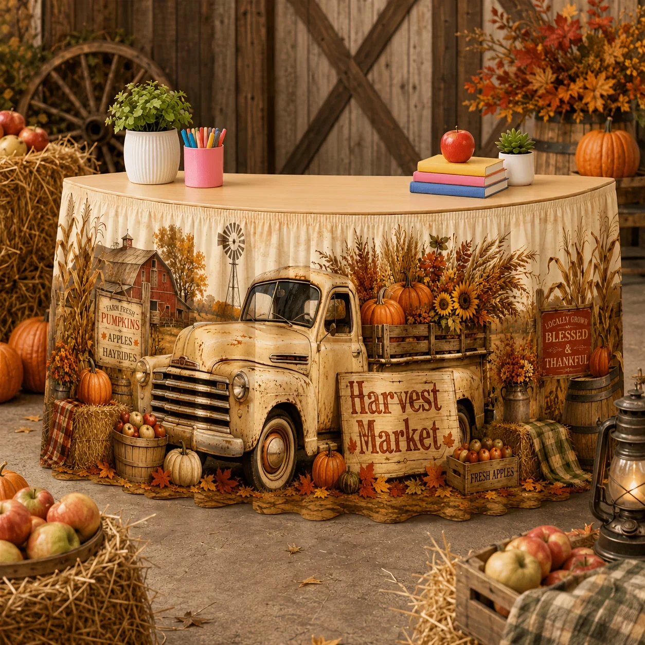 Tablecloth, Harvest Market, Vintage Truck, Pumpkin and Sunflower, Maple Leaf, Farm Barn, Autumn, Thanksgiving Dayxzj