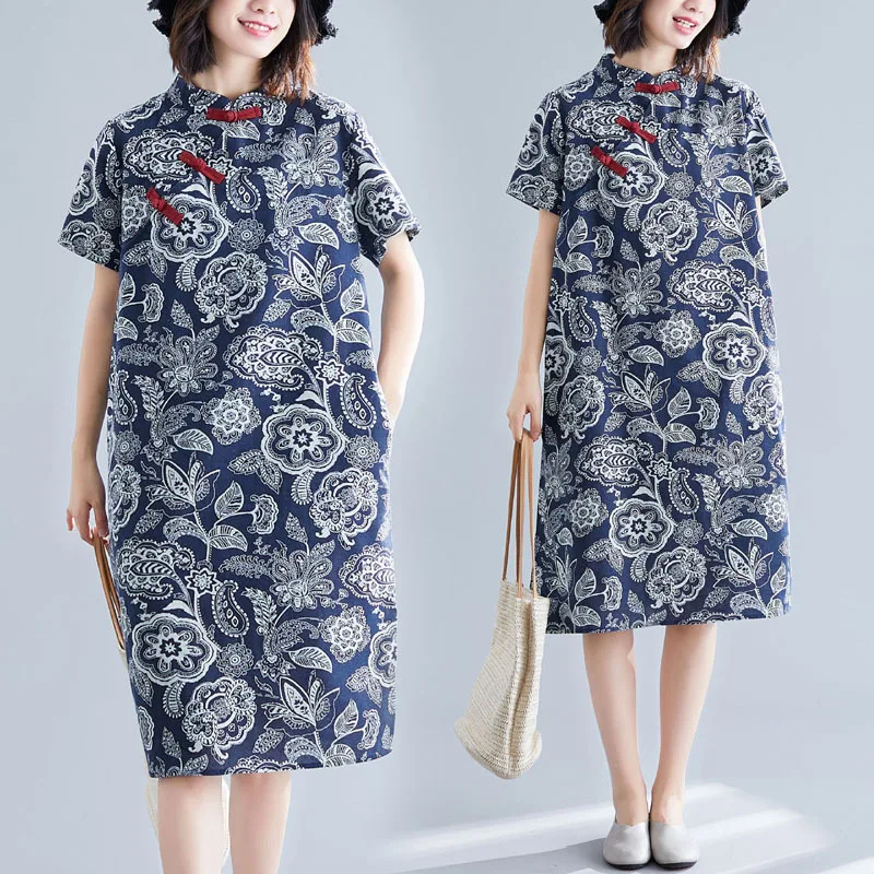 

Qipao 2023 New Traditonal Chinese Style Fational Cotton Dress Retro Chinese Style Improved Cheongsam Retro Loose Female