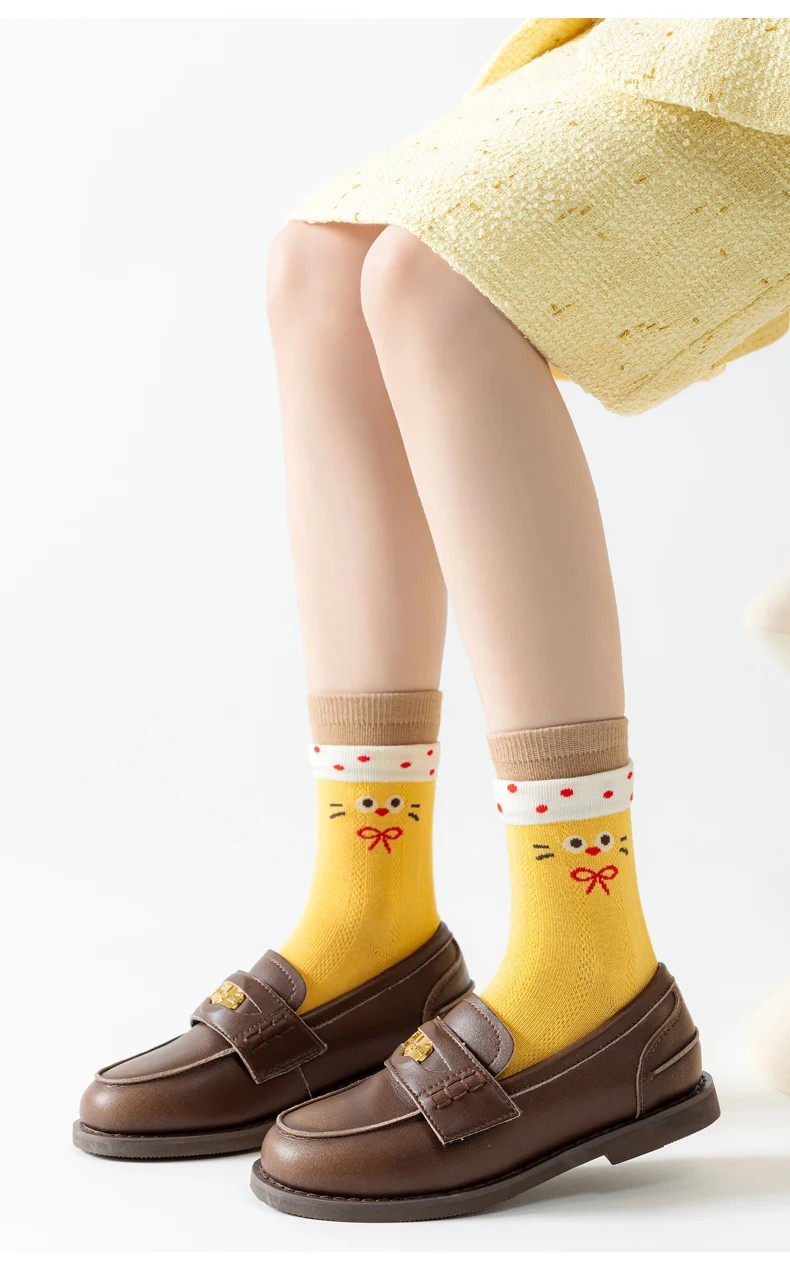 5 Paar Kinder Sommer Dünne Socken Nahtlos Blasenfrei Niedlicher Cartoon-Katzen-Kuchen-Druck Atmungsaktive Mesh-Baumwollsocken Wadenlange Socken für Mädchen 1 – Detail 13