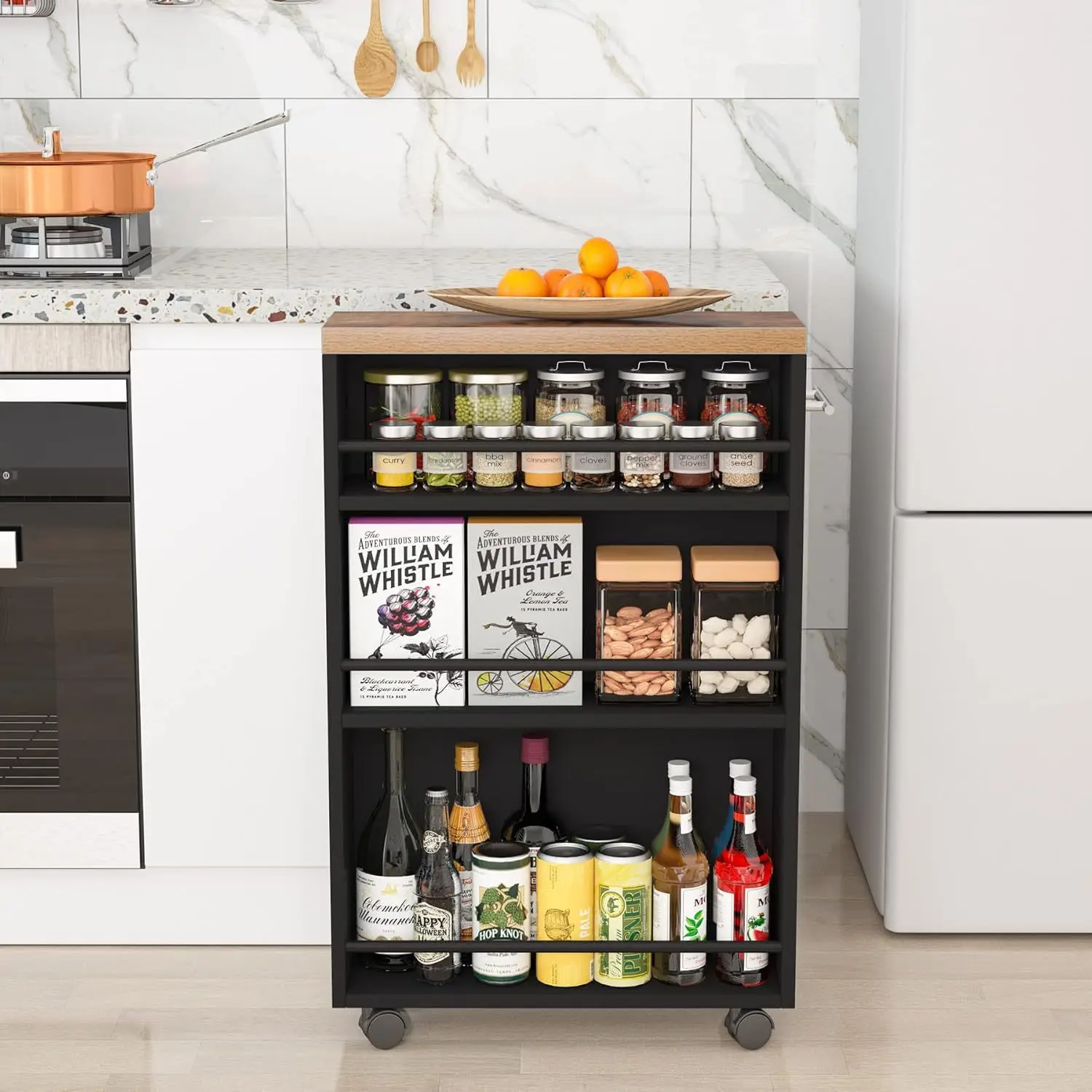 Color matching ultra-thin roller narrow kitchen cart side with handle including four-layer storage gap rack