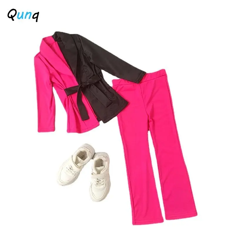 Qunq 2022 Autumn Fashion New Girls Long Sleeve Suit Jacket Patchwork Bind Top + Pants 2 Pieces Set Casual Kids Clothes Age 3T-8T