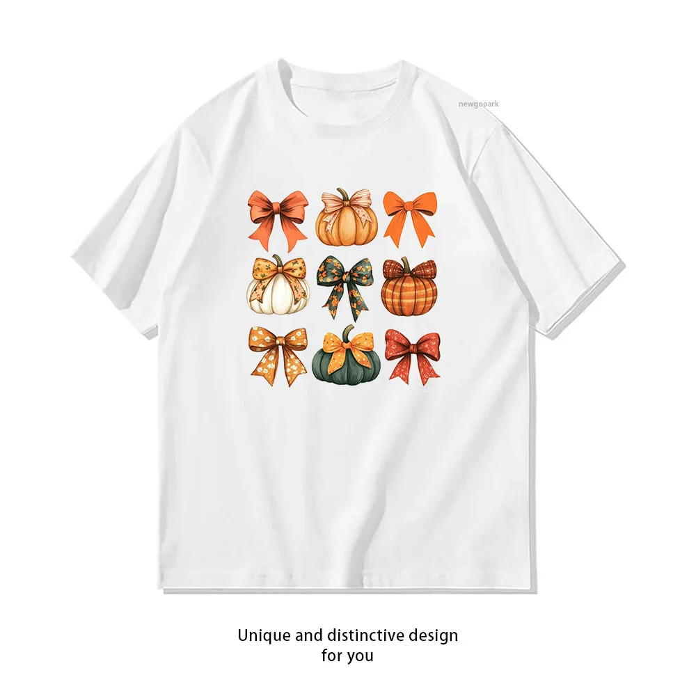 Retro Fall Autumn Pumpkin Bow Thanksgiving T-shirt Woman Man Summer Cotton Graphic T Shirts Adult Casual Streetwear Camisetas