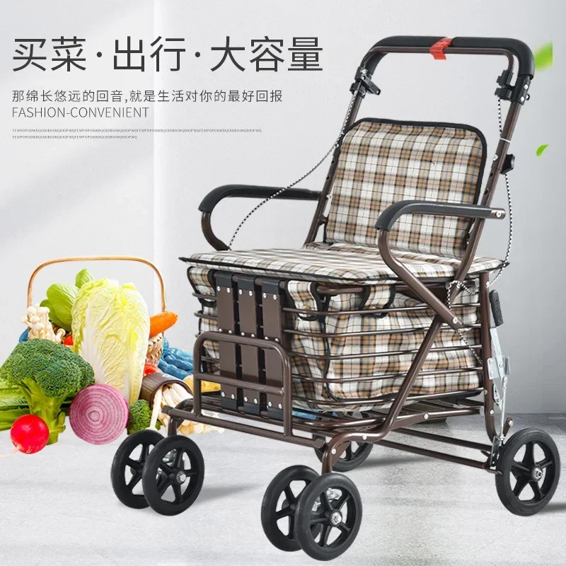 Elderly handcart, elderly stroller, foldable shopping cart, seats for four-wheel walking assistance, and small cart