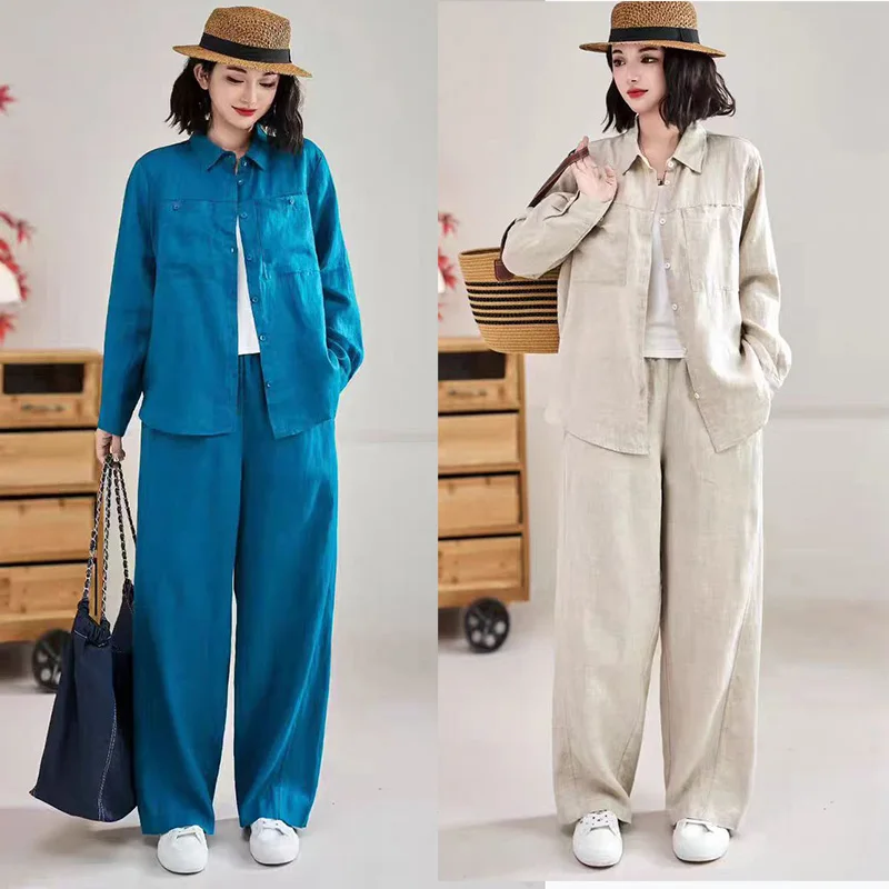 

Casual Cotton Linen Set Women's Spring Autumn New Fashion plus Size Linen Long Sleeve Shirt Wide Leg Pants Long Pants Two Pie...