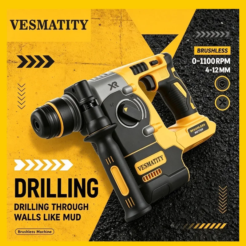 Vesmatity DCH273 Brushless Rotary Hammer Drill SDS Plus 2.1J Impact Energy 360 Rotatable Handle for Dewalt 20V Battery Pro Max
