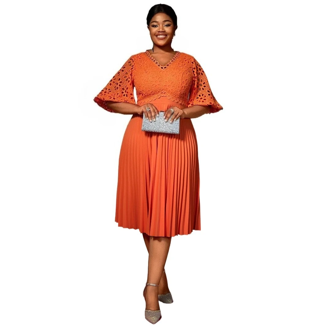 Lace Hollow Pleated Knee Length Party Plus Size Dress White With Half Bubble Sleeves