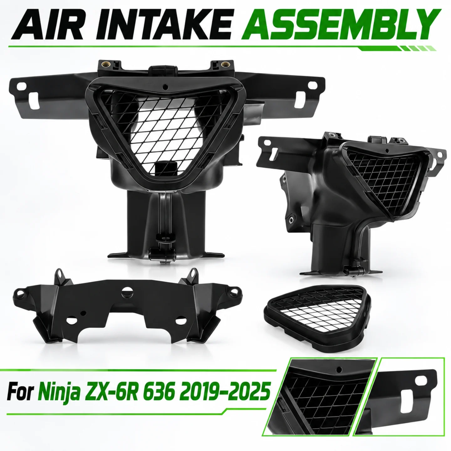 Motorcycle Air Intake Duct Assembly with Mesh Cover and Front Bracket For Ninja ZX-6R 636 2019–2025