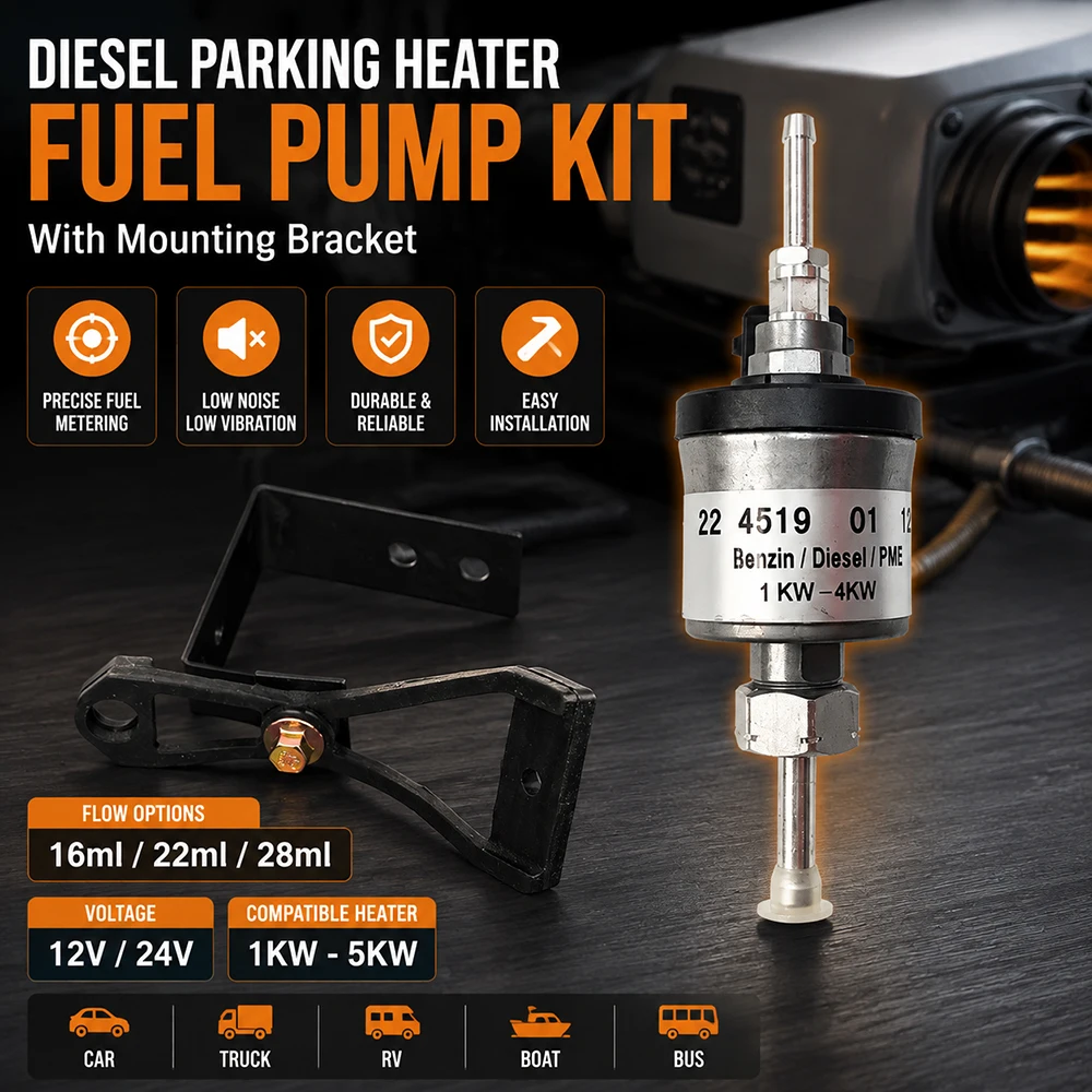 12V 24V Diesel Parking Heater Fuel Pump with Adjustable Mount Bracket 16ml 22ml 28ml Metering Pump 1-5KW
