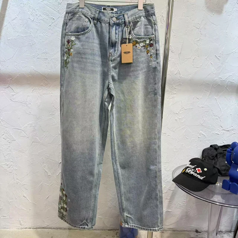 

One Day Shipped Out GOODBRAND Jeans Men Women Street Washed Straight-leg Pants Embroidery Flowers Goodbrand Denim Trousers