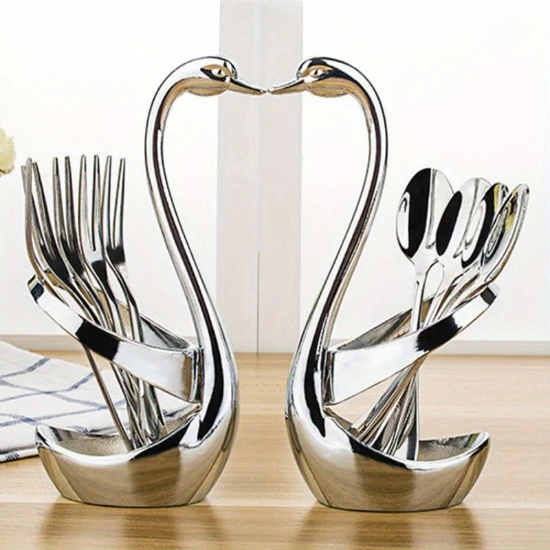 

Portable ableware Set spoon fork Cutlery 304 Stainless Steel Dinnerware Dinner Tableware With Swan Holder Table