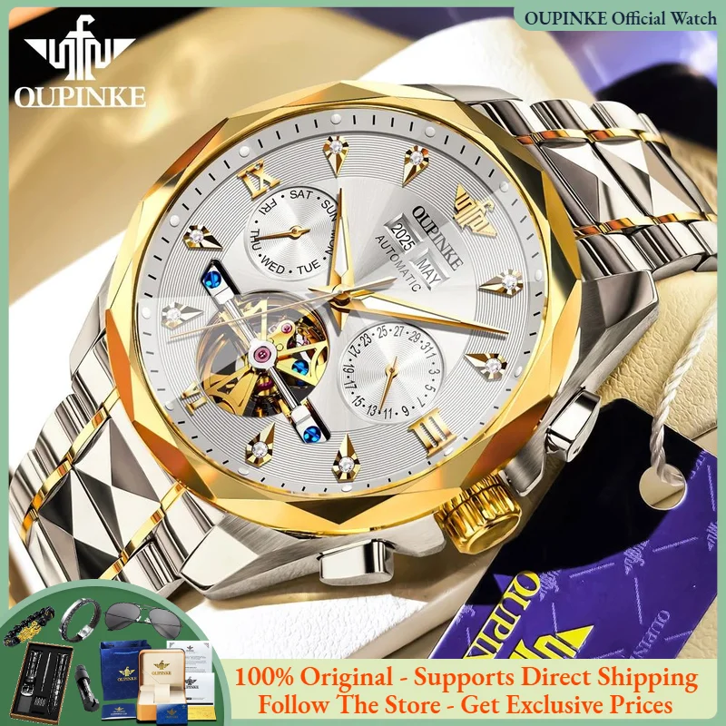 OUPINKE 3316 Men Watch Luxury Original Hollow Flywheel Men Automatic Mechanical Watch Deep Waterproof Multi Functional Men Watch