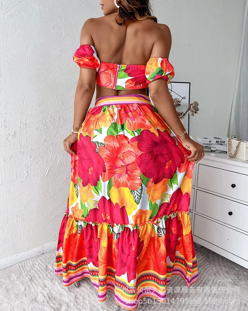 مجموعة تنورة قصيرة جديدة ملونة بطبعة زهور مكونة من قطعتين للنساء #3